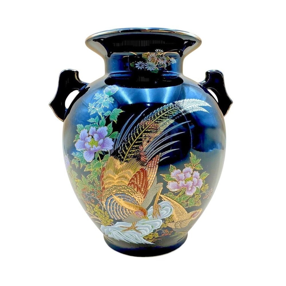 VTG Japanese Hand Painted Pheasant Vase Black Gold Floral Double Handle 10"-12"